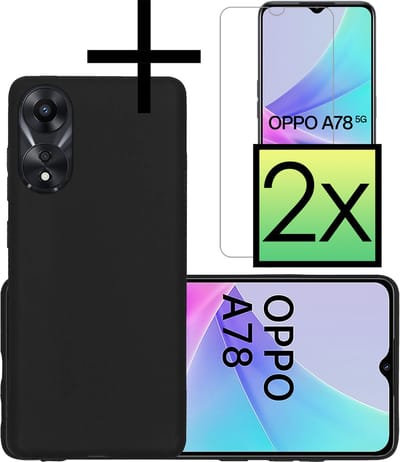 Hoesje - Met 2x Screenprotector - Geschikt voor OPPO A78 5G - Sterk & Shockproof - Back Cover - Siliconen Case - Telefoon Hoes - Zwart
