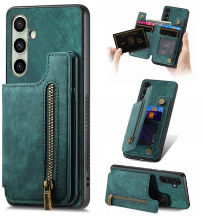 Silicone TPU en kuntleer kickstand retro groen back cover hoesje case met rits - pasjeshouder - telefoonhoesje geschikt voor de Samsung Galaxy A56 5G