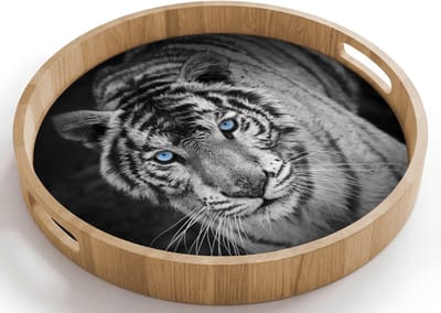 Dienblad rond 40x40 cm - Schootdienblad hout - Tijger - Dier - Zwart - Blauw - Modern - Borrelplank rechthoek - Plateau houten dienbladen