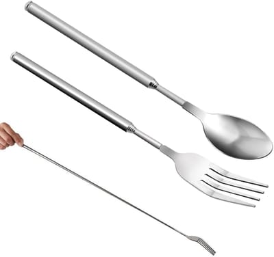 Dailygoods- Telescopische Vork en Lepel Set - Intrekbare Lepel 63 cm - Vork 64 cm - Roestvrij Staal - Duurzaam - Compact Ontwerp - Grillgerei