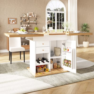 MODENUIT Eettafel - Uitschuifbaar Met Lade En Wijnrek - Voor Keuken En Woonkamer - MDF Wit - 110-140x80 cm