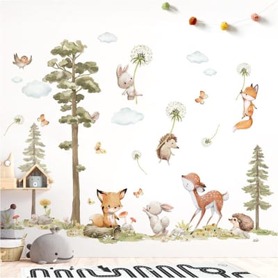 Decoratieve muursticker voor de babykamer met paardenbloemen- en vossenboompatroon