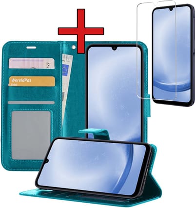 Hoesje - Met Screenprotector - Geschikt voor Samsung Galaxy A25 - Luxe Pasjeshouder - Flipcase - Bookcase Portemonee - Flip Case - Kunstleer Book Case - Book Cover - Walletcase - Portemonneehoes - Telefoonhoes - Turquoise