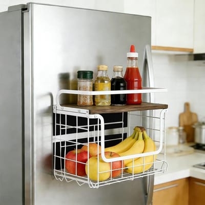 OHMG Fruitmand, 2 etages, keukenmand met houten deksel, fruitmand, stapelbaar, wandmontage, opslag van fruit, groenten (wit (2 P), 30,5 x 16 x 26 cm)