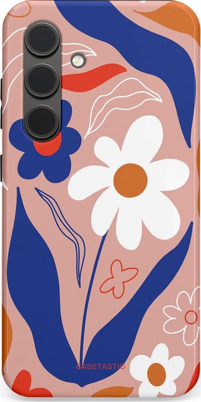 Casetastic hoesje geschikt voor Samsung Galaxy S24 - Dubbellaagse bescherming - Eenvoud in bloei - Fashion Case - Perzik Donkerblauw Wit