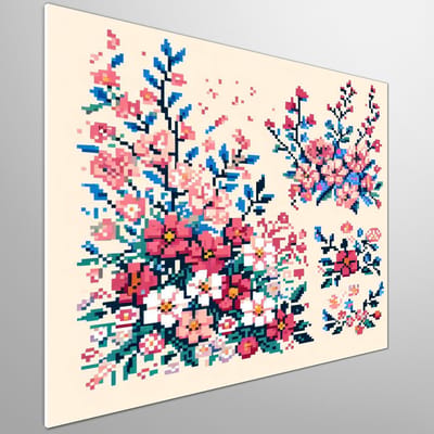 Pixel art bloemen schilderij | Prachtige bloemenpracht in digitale pixels, een kunstwerk van verbeelding | Kunst - 60x60 centimeter op Forex | Foto op Forex
