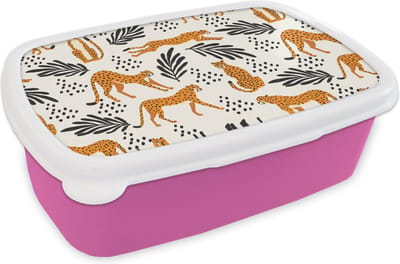 Broodtrommel Roze - Lunchbox - Brooddoos - Patronen - Bladeren - Jachtluipaard - 18x12x6 cm - Kinderen - Meisje