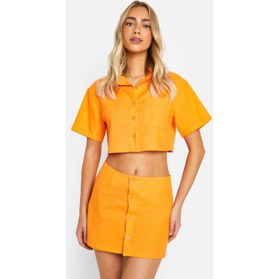 boohoo Dames Minirok met linnen-look en knoopdetail aan de voorkant | Oranje | Maat: 34