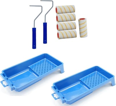 5x verfroller / vachtrollers incl 2 rollerbeugels en 2 verfbakken - 10 cm - rollers voor het schilderen van wanden en plafonds