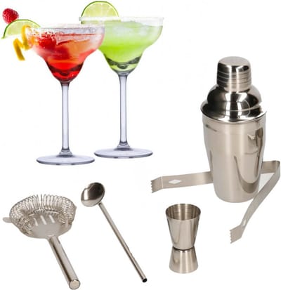 Set van 4x Margarita cocktailglazen met complete 5-delige cocktailshaker set RVS - 250 ml - Cocktails drinken - Cocktails