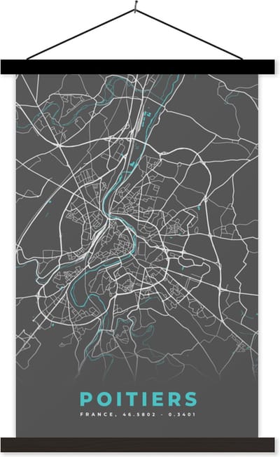 Posterhanger incl. Poster 40x60 cm - Schoolplaat - Poitiers - Frankrijk - Plattegrond - Kaart - Stadskaart - Textielposter - Zwarte latten - Stadskaart