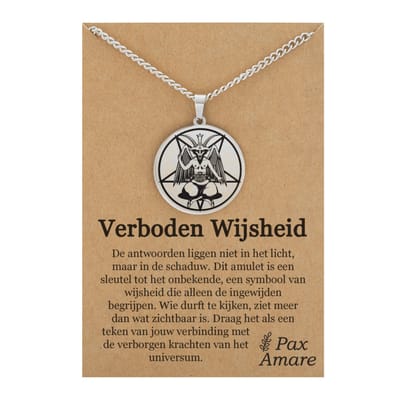 Duivel Ketting op Cadeau Kaartje - "Verboden Wijsheid" - Zilverkleurig - Occult Talisman / Medalion - Roestvrij Staal Hanger - 60cm