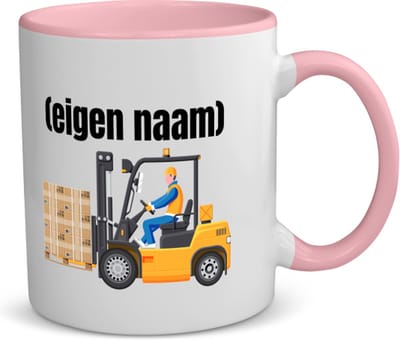Akyol - heftruck met pallet met eigen naam koffiemok - theemok - roze - Heftruck - mensen die werken in de magazijn - collega's - verjaardag - afscheidscadeau - geschenk - kado - 350 ML inhoud