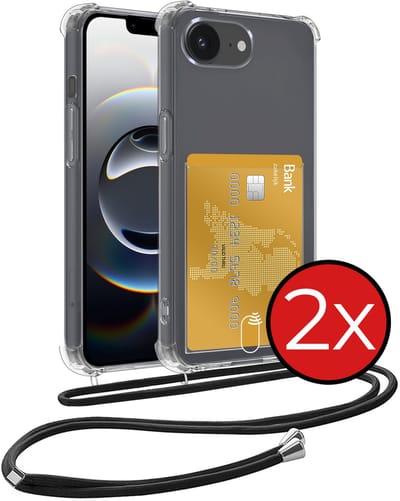 Hoesje Geschikt voor iPhone 16e / 17e Hoesje Met Telefoonkoord en Pasjeshouder Siliconen - Hoes Geschikt voor iPhone 16e / 17e Hoesje Met Kaarthouder Shock Proof Case - Transparant - 2 PACK