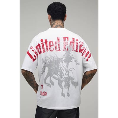 Lang Wit Oversized Western Over De Naden Print T-shirt | White | Size Large