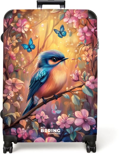 NoBoringSuitcases.com® - Koffer groot - Reiskoffer lichtgewicht - Vogel met vlinders in kleurrijk bos. - Rolkoffer met 4 wielen - Grote trolley XL - 98 liter bagage