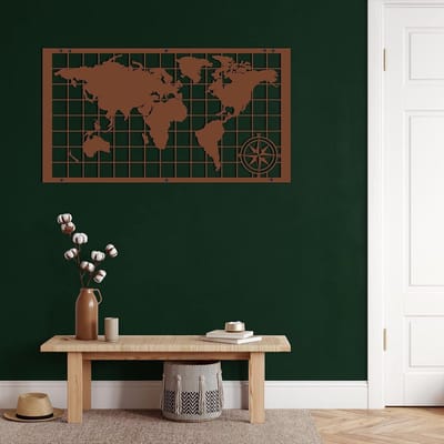 Metalen Wereldkaart - Wanddecoratie Continenten - Woonkamer Decoratie - Zwevend 3D Effect - 75x43cm - Brons