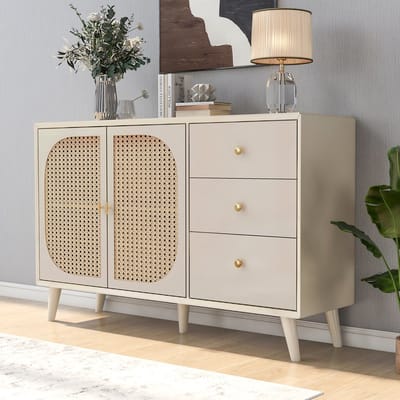 REDOM Dressoir Offwhite 120 cm – Sideboard met 2 deuren & 3 lades, rattan paneel, ruime opbergruimte, E1-spaanplaat