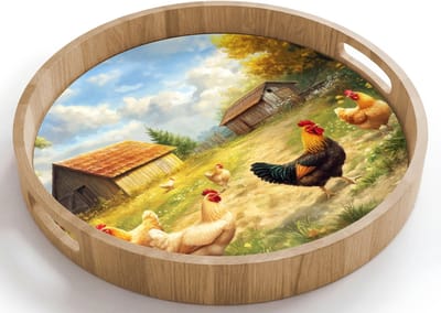 Dienblad rond 40x40 cm - Schootdienblad hout - Kippen - Landelijke rust - Natuur - Borrelplank rechthoek - Plateau houten dienbladen