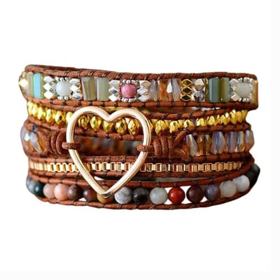 Marama - wikkelarmband Valentine - damesarmband - bruin leer - edelsteen Jaspis en Kristal - verstelbaar - hart - liefde