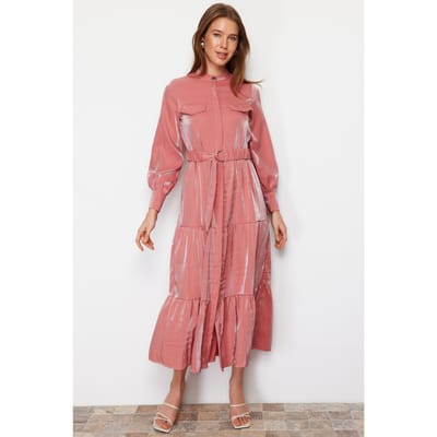 Damesjurken in roze effen kleuren, lang, elegant, normale pasvorm, bescheiden mode