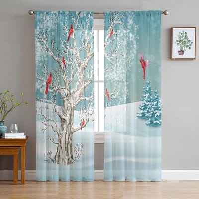 Kerst Winterboom Sneeuwvlok Kardinaal Vogel Doorzichtig Raambekleding Tule Gordijnen voor Woonkamer Slaapkamer Huisdecoratie Voile Gordijnen 135W x 114H(cm) gray