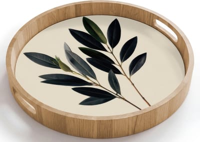 Dienblad rond 40x40 cm - Schootdienblad hout - Ovaalvormige bladeren - Diep groen - Symmetrisch - Borrelplank rechthoek - Plateau houten dienbladen