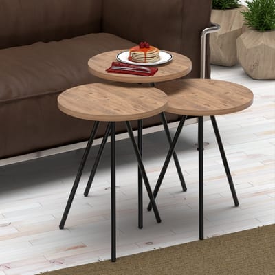 Bijzettafel Ølgod rond set van 3 houtkleurig en zwart