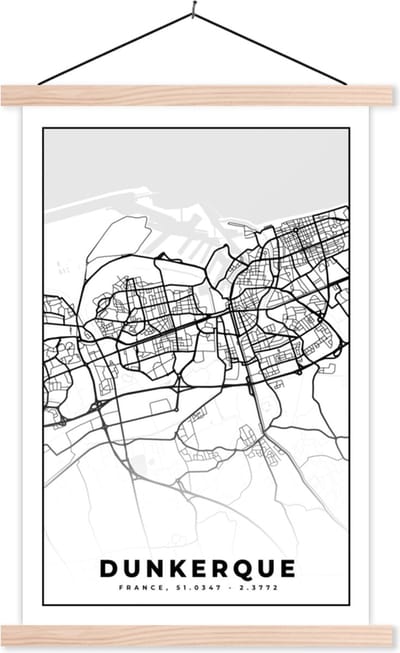 Posterhanger incl. Poster 40x60 cm - Schoolplaat - Frankrijk - Dunkerque - Kaart - Plattegrond - Stadskaart - Zwart wit - Textielposter - Blanke latten - Stadskaart