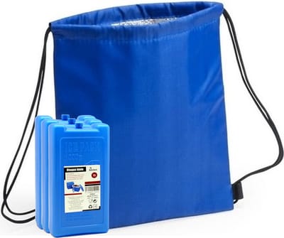 Koeltas rugtas blauw met rijgkoord cm met 2x koelelementen - 32 x 42 cm