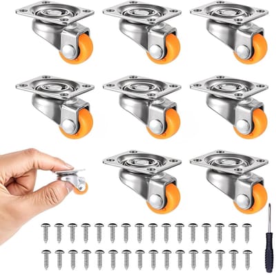 Set van 8 Mini Meubelswielen met Schroeven en Schroevendraaiers voor Stoelen en Keukenaccessoires, Geluidsloos en Ideaal voor Kleine Meubels (Oranje)