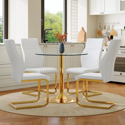 MODENUIT Eettafelset - Ronde Glazen Tafel 85 cm - 4 Stoelen - Voor Eetkamer En Horeca - Metaal En Kunstleer - Wit Goud