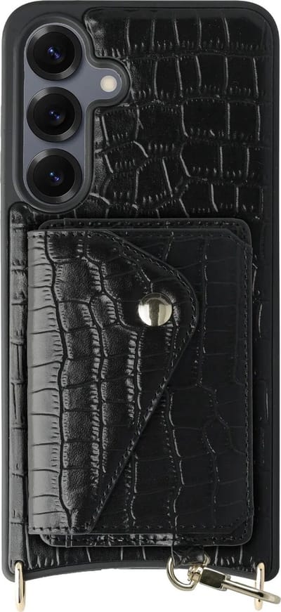 AVY Leren Hoesje Geschikt voor Samsung Galaxy S25 / S24 | Met Magnetische Kaarthouder | Compatibel met MagSafe | Leather Case met Wallet | Croco Zwart