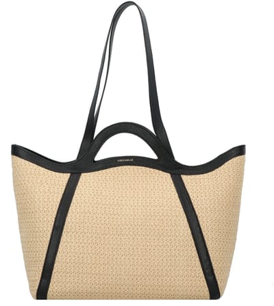 COCCINELLE Leren Shopper Schoudertas Amalia Crochet Straw Handbag Natural / Noir Beige