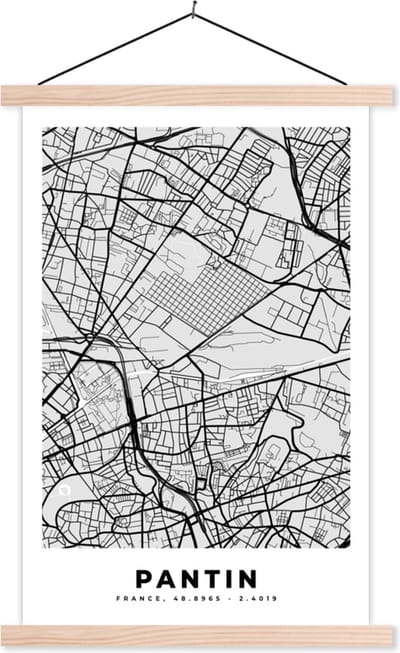 Posterhanger incl. Poster 40x60 cm - Schoolplaat - Kaart - Stadskaart - Frankrijk - Pantin - Plattegrond - Textielposter - Blanke latten - Stadskaart