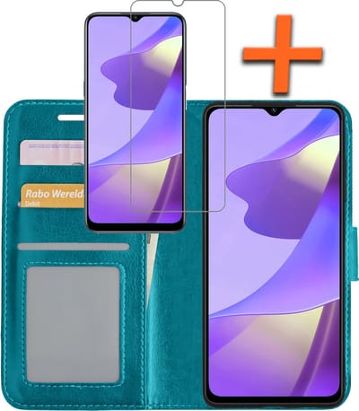 Hoes - Met Screenprotector - Geschikt voor OPPO A16 - Luxe Pasjeshouder - Bookcase Portemonee - Flip Case - Kunstleer Book Case - Flipcase - Book Cover - Walletcase - PortemonneeHoes - Turquoise
