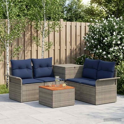 vidaXL - Bankstel - 6 - st - 4-zits - Grijs - en - Marineblauw - Poly - Rattan - en - Staal