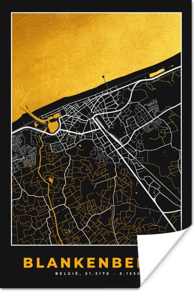 Poster Plattegrond - Stadskaart - Blankenberge - Goud - Kaart - 120x180 cm XXL