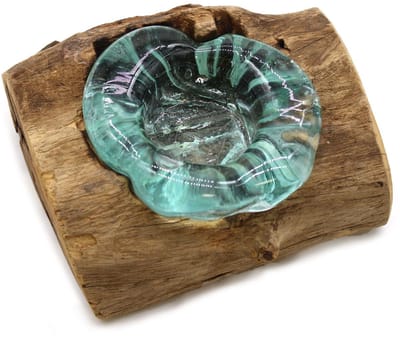 Ancient Wisdom - Waxinelichtjeshouder - handgeblazen glazen kaarsenhouder met houten voet multicolor - kaarsenhouder - decoratie - interieur - verlichting - cadeau