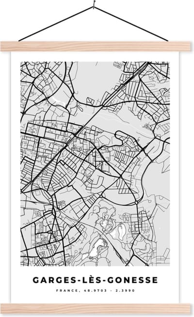 Posterhanger incl. Poster 40x60 cm - Schoolplaat - Garges-Lès-Gonesse - Plattegrond - Frankrijk - Kaart - Stadskaart - Textielposter - Blanke latten - Stadskaart