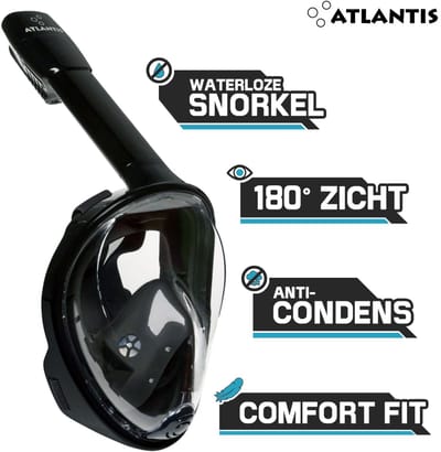 Atlantis Snorkelmasker - Duikbril - Snorkel - Snorkelset - Full Face Masker - Volwassenen - Zwart - S/M