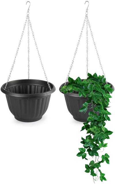 Plasticforte Plantenpot - 2x - hangend - kunststof - antraciet - D25 x H15 cm - bloempot aan ketting