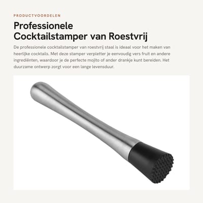Dailygoods- Cocktailstamper Professionele - Roestvrij Staal - Mojito Stamper - Fruitmixer - Ideaal Barkeeper Gereedschap - 20 cm Lengte - Mixer