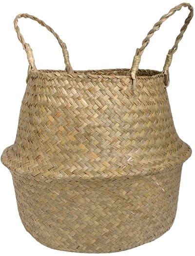 Intirilife Buikmand van gevlochten zeegras met handvat -34,5 x 28 cm Opvouwbare geweven mand, opbergmand voor speelgoed, plantenmand met handvatten, zeegrasmand, plankmand, wasmand, natuurlijke mand