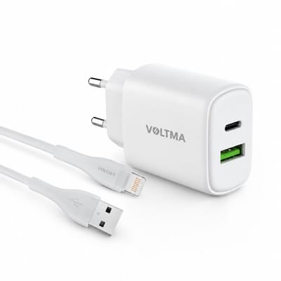 Voltma PH20T10UL 20W USB-C & USB-A Oplader met USB-A naar Lightning Kabel – 10W TPE Laadkabel – GaN Adapter voor iPhone, iPad & AirPods – Wit
