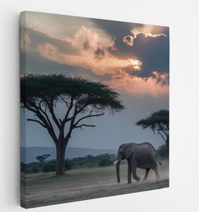 Saammp Canvas Schilderij - Olifant - Savanne - Dieren - 20x20 - Foto op canvas - Wanddecoratie - muurdecoratie Woonkamer - Slaapkamer decoratie - Canvas Print