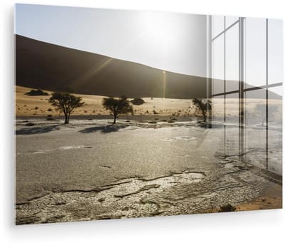 ® Glasschilderij 180x120 cm - Schilderij acrylglas - Acacia bomen in de Afrikaanse Dodenvlei in Namibië - Foto op glas - Muurdecoratie woonkamer - Wanddecoratie slaapkamer - Schilderijen