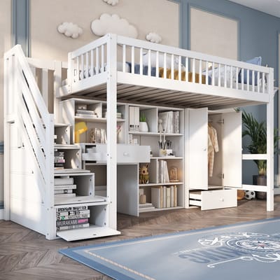 Pugsdrly - Eenpersoons Kinderbed - Met bureau en kledingkast - Met trap en opbergvakken - Massief hout + MDF - Zonder matras - Wit - 90 x 200 cm