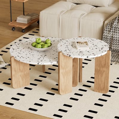 OKWISH Koffietafel - 2 Delige Salontafel Rond - Stijlvolle Kleine En Grote Tafel Voor Woonkamer - 70x70+50x50 cm - MDF - Wit + Houtkleur