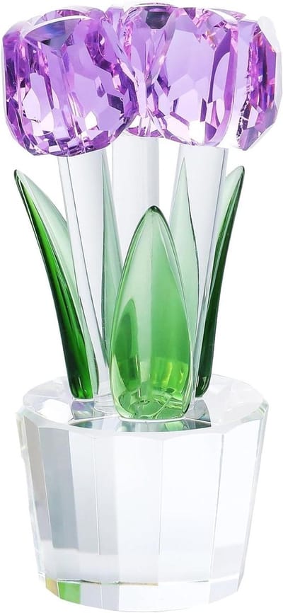 Kristallen Tulpen Bloem - Glazen Tulp Boeket - Woondecoratie - Handgemaakt K9 Kristal - 47 x 10 cm - Paars